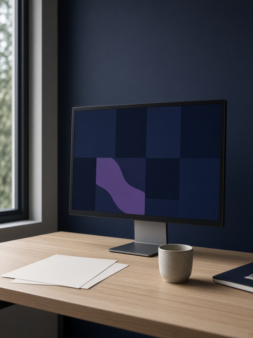 Arbeitsplatz mit einem Entwurf in Marineblau und Violett